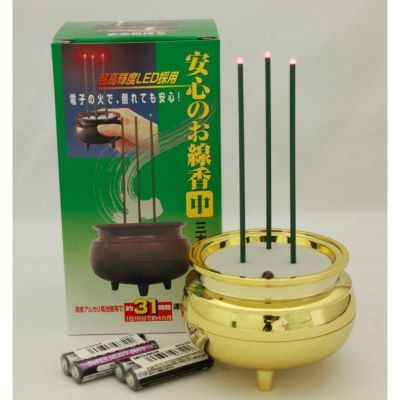 安心のお線香 中 三本立（金色）電子線香 配線不要 /仏壇用ろうそく  電子ろうそく 電気ろうそく 電池ろうそく(6511-0200)