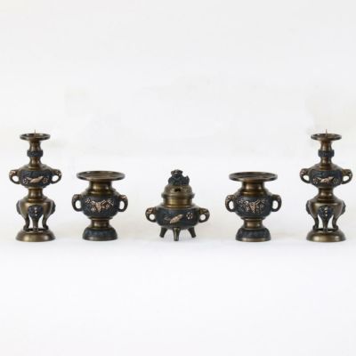 仏具 セット 【五具足】 ダイキャスト 花鳥模様 黒光色 3寸/高級 仏壇仏具セット