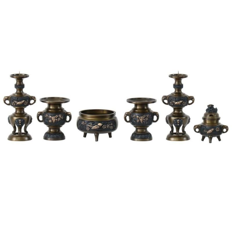 仏具 花鳥盛柄 6具足 花鳥 6具足 4.5寸(真鍮製 色付) 6点セット 仏壇 仏具 具足 香炉