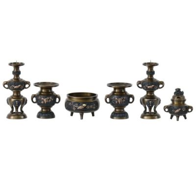 仏具 セット 【六具足】 花鳥模様 黒光色 4寸/高級 仏壇仏具