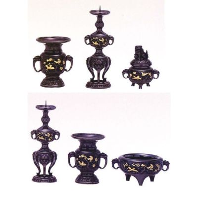 仏具 セット 【六具足】 重目山茶花模様 宣徳色 4寸/高級 仏壇仏具