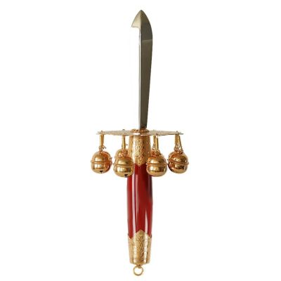 神楽鈴  鉾先型 板付き全長33cm 本金メッキ かぐら鈴 三番叟鈴 日本舞踊 お清め 神社 巫女 神具 鈴 舞 お祓い  魔除け 神祭具