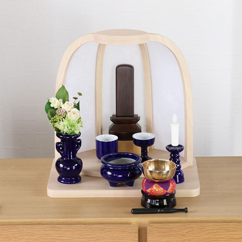 仏具 セット 瑠璃色 無地 陶器5点+おりんセット 香炉灰・マッチ付き