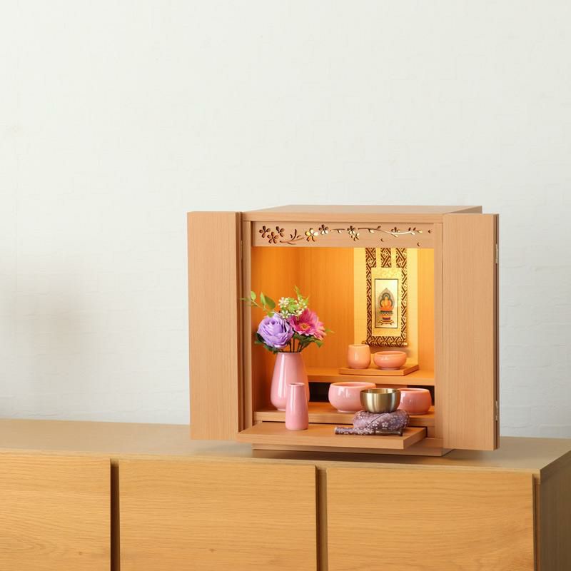 ミニ仏壇 モダン 「花蓮」 かれん 14号 仏具セット LED 家具調仏壇